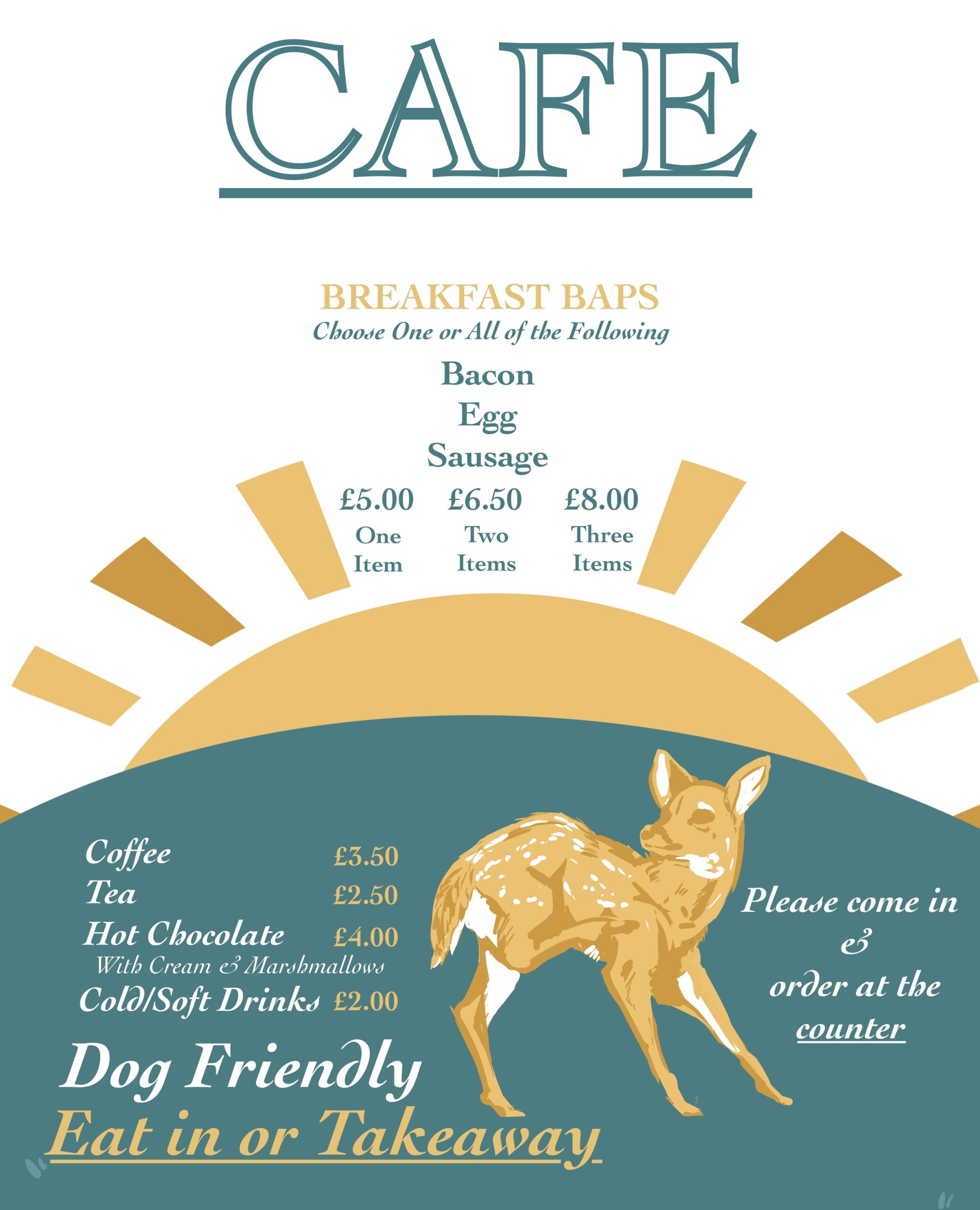 Cafe Menu in teal and yellow, a deer in the foreground and a sunrise behind